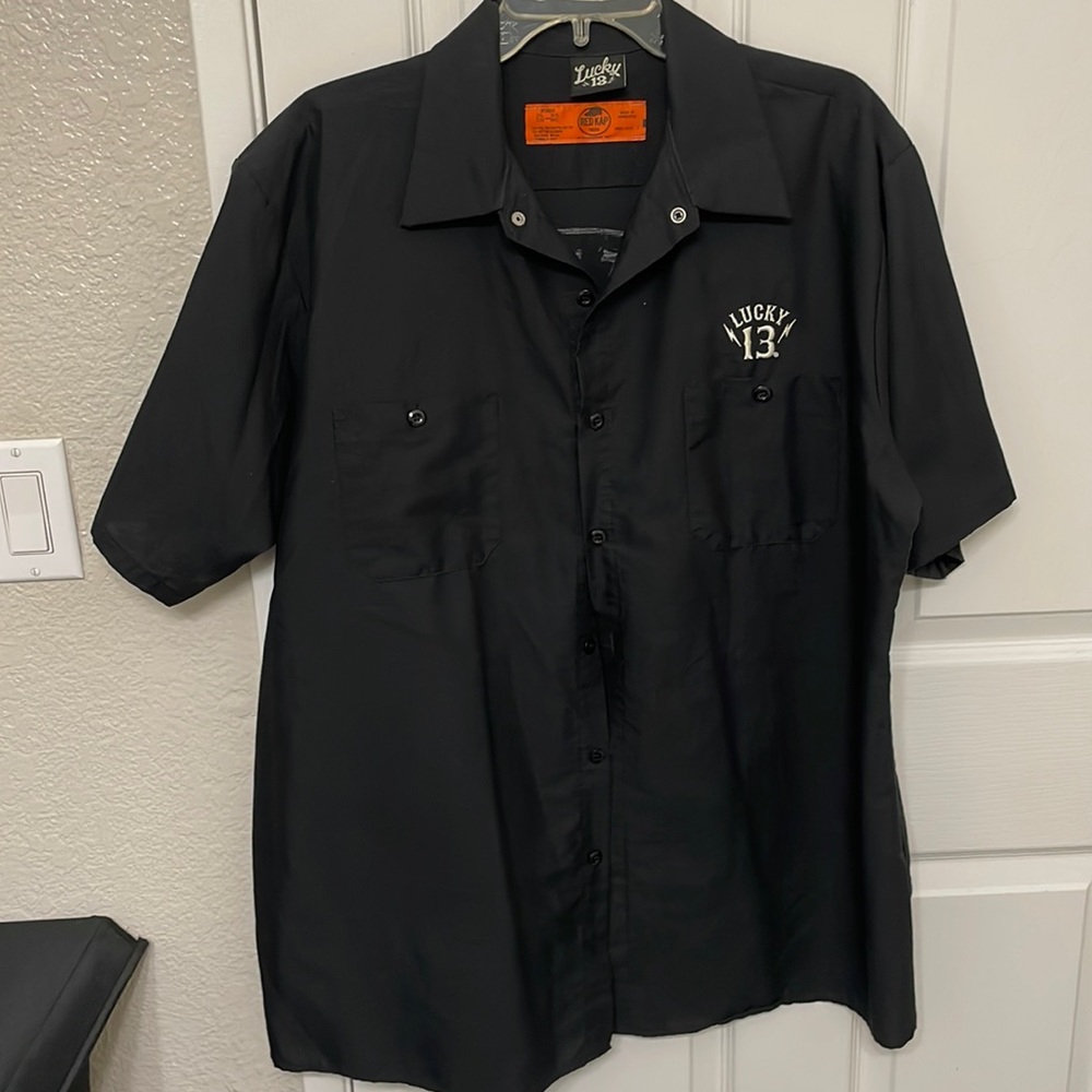 Lucky 13 mens button up shirt. Black sin motorcycle design.